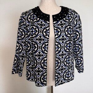 Saint Tropez West Blazer Jacket XL Beaded Collar 3/4 Sleeve Blue Black Mosaic